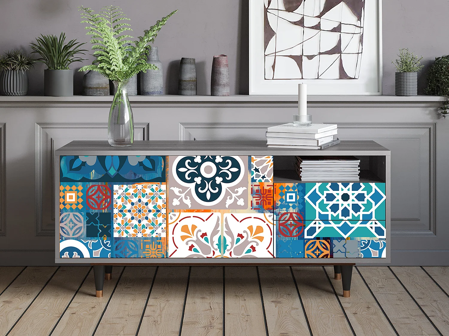 Meuble TV - 125х56х41 cm - T7 - Moroccan Market, Gris