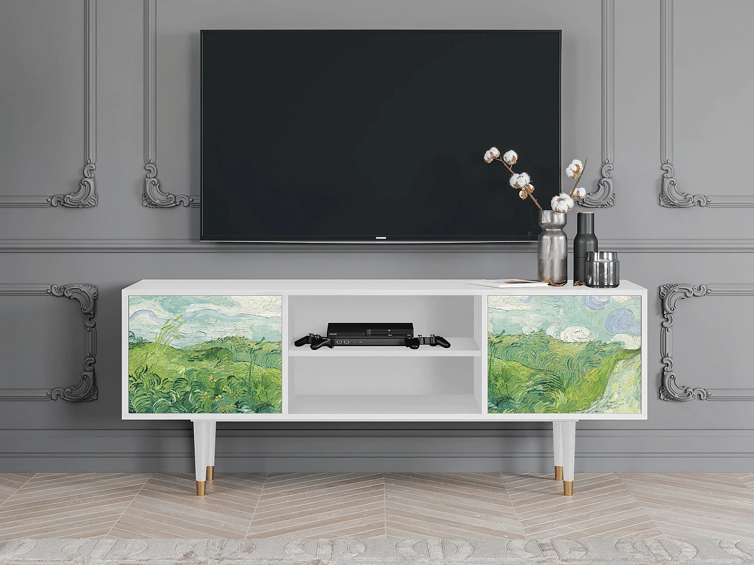 Mobile TV - 170х69х48 cm - T2 - Green Wheat Fields, Bianco
