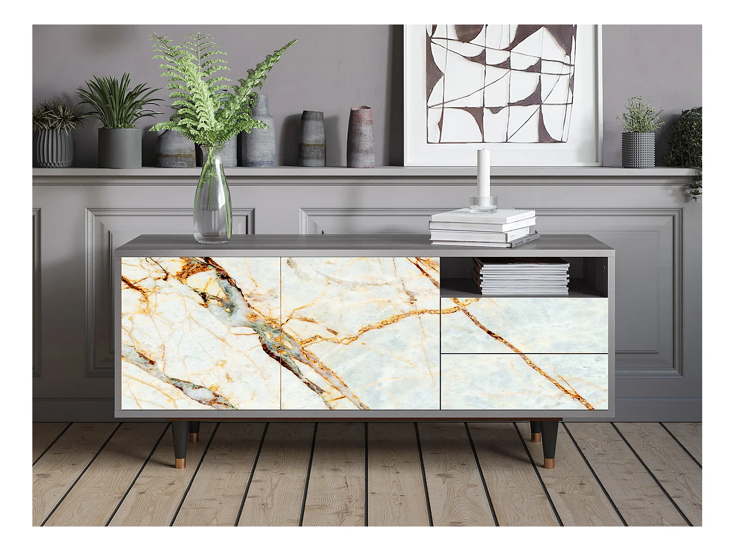 Meuble TV - 125х56х41 cm - T7 - Sabley Marble, Gris
