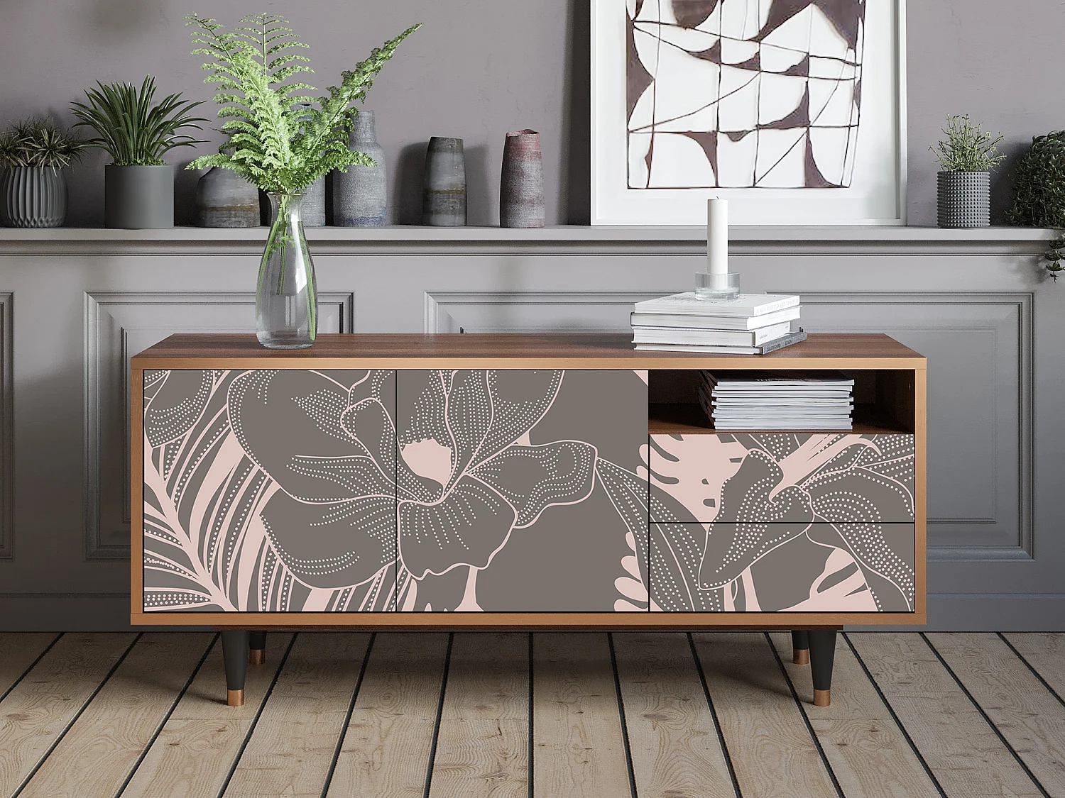 Meuble TV - 125х56х41 cm - T7 - Issabelline Flower, Noyer