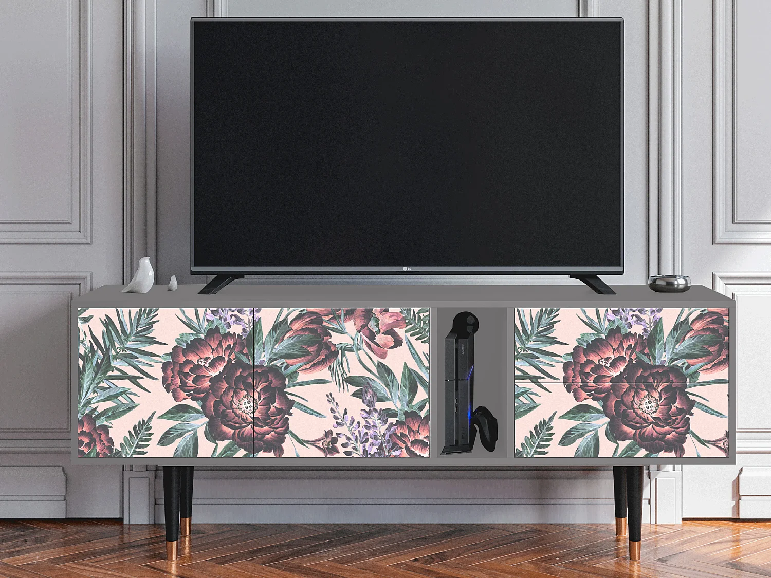 Mueble de TV - 170х69х48 cm - T1 - Peach Peonies, Gris