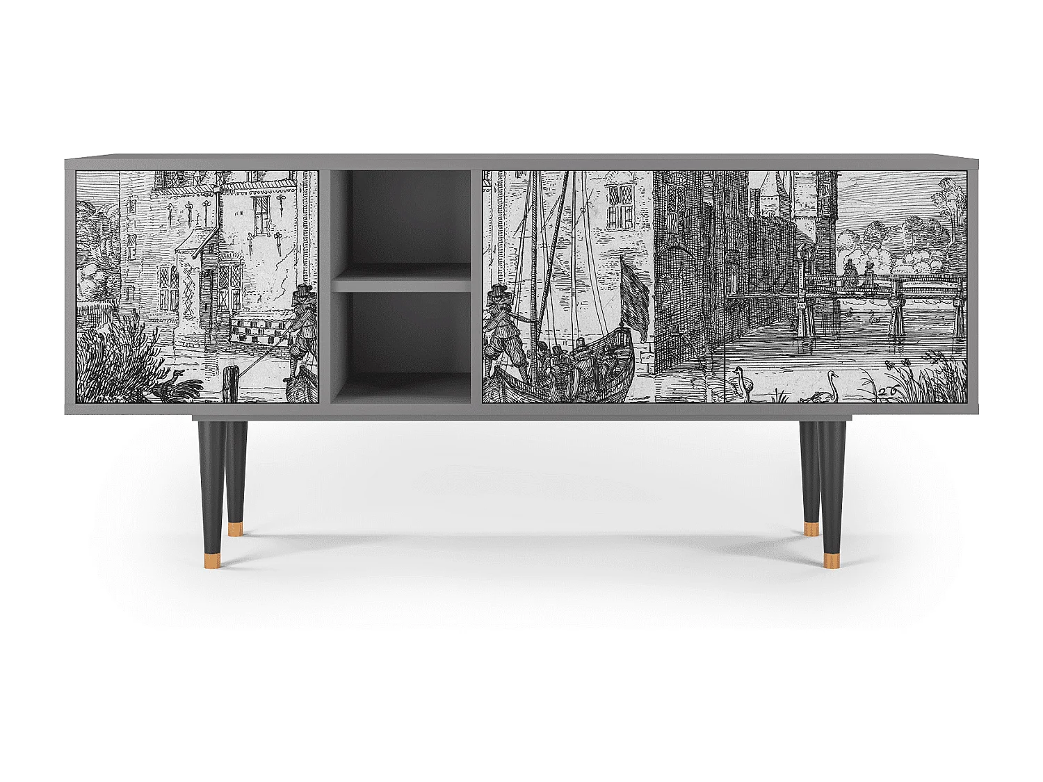 TV-meubel - 150х69х41 cm - T5 - Castle with Bridge, Grijs