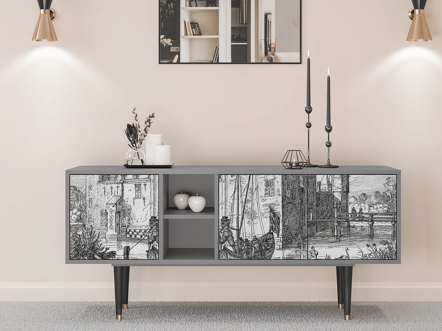 Mueble de TV - 150х69х41 cm - T5 - Castle with Bridge, Cinza