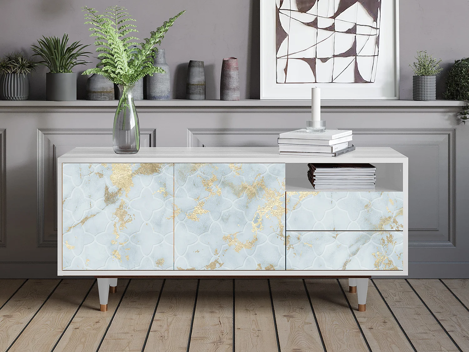 Szafka RTV - 125х56х41 cm - T7 - Golden Waves, Biały