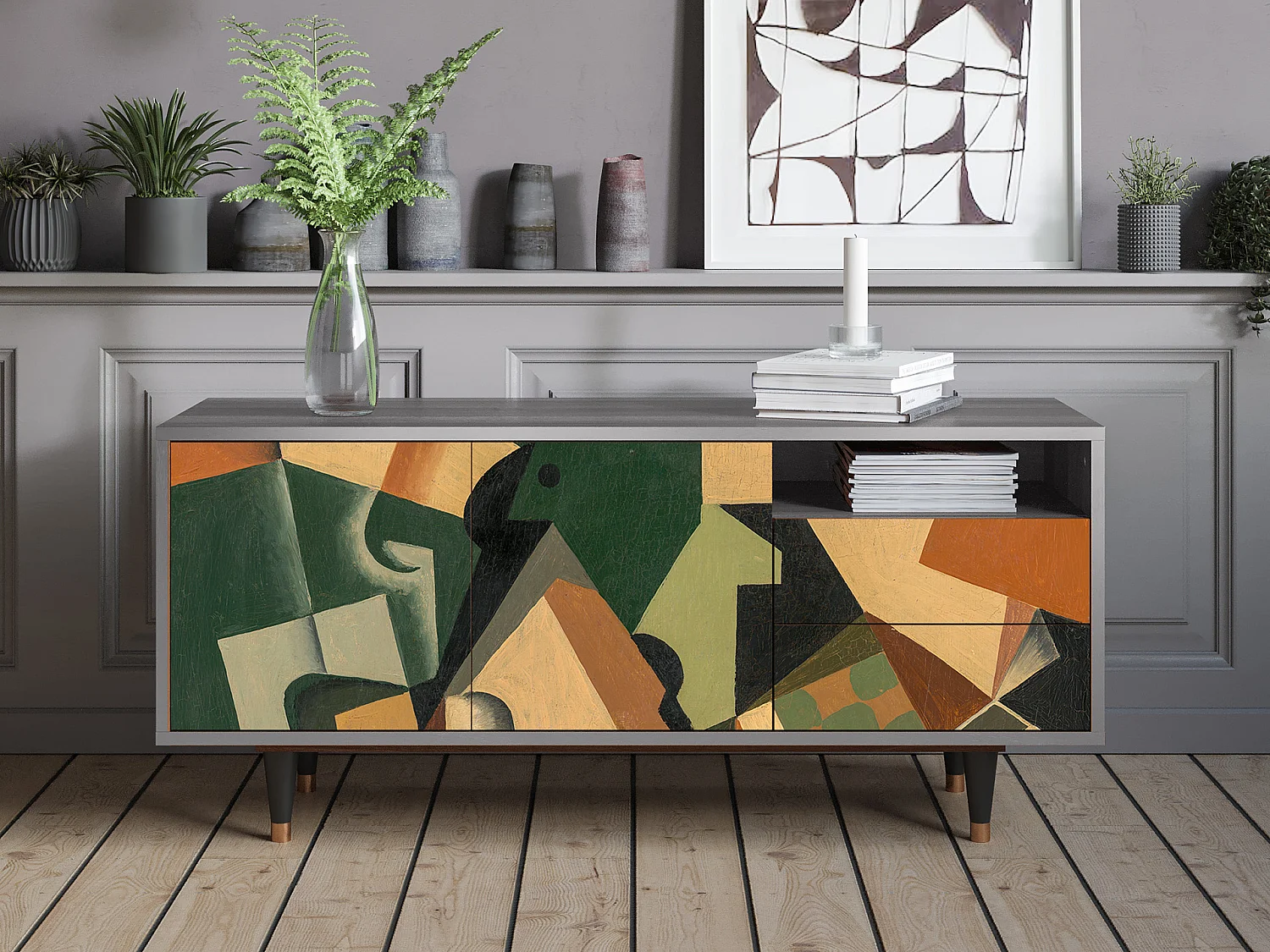 Meuble TV - 125х56х41 cm - T7 - Glass and Checkerboard, Gris