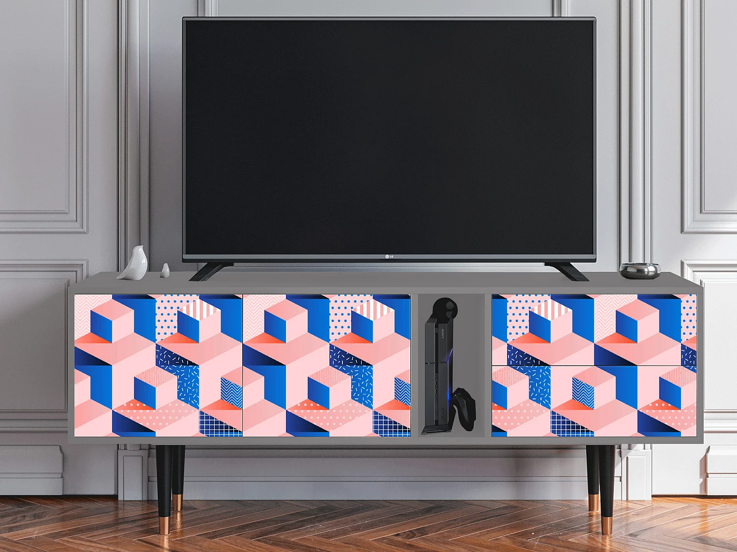 Szafka RTV - 170х69х48 cm - T1 - Pinky Squares, Szary