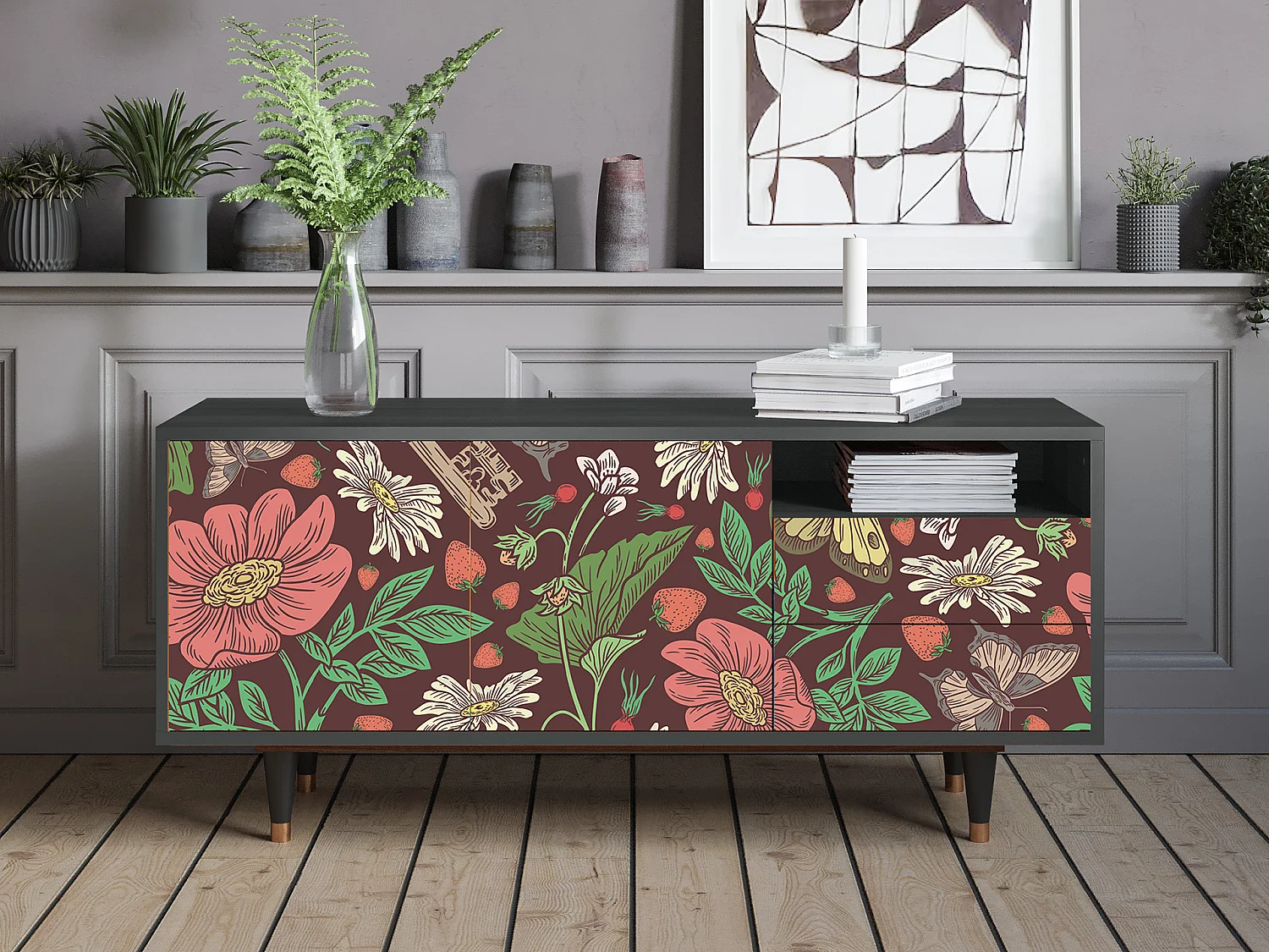 Mueble de TV - 125х56х41 cm - T7 - Alice in Wonderland, Antracite