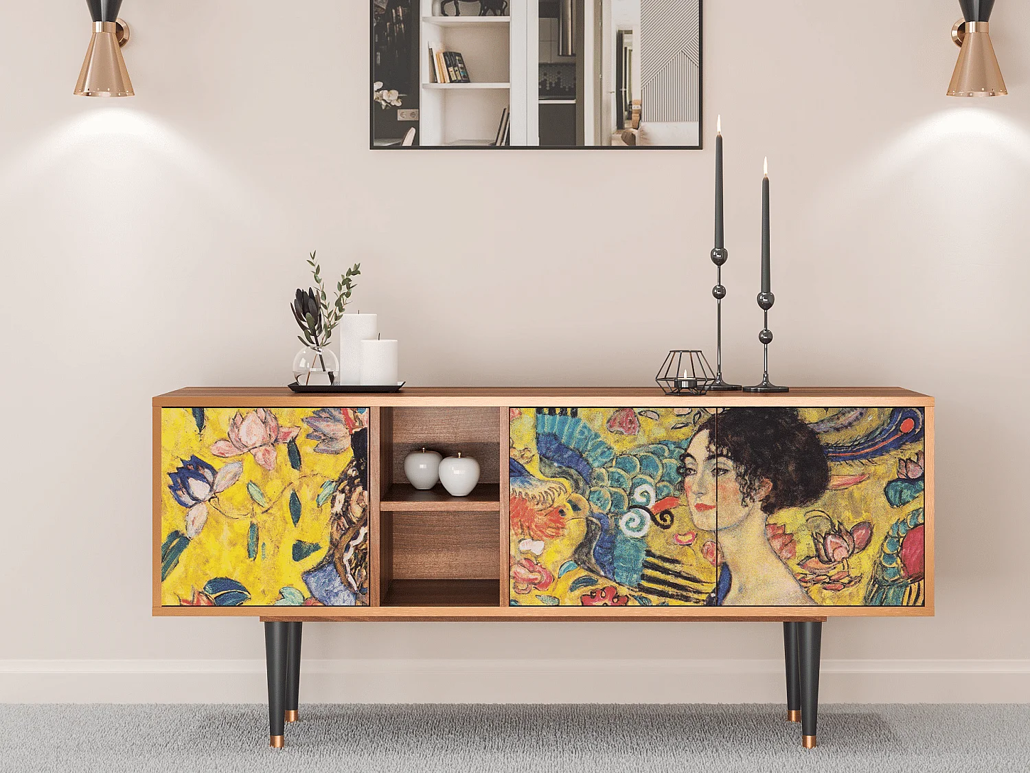 Szafka RTV - 150х69х41 cm - T5 - Lady with Fan by Klimt, Orzech