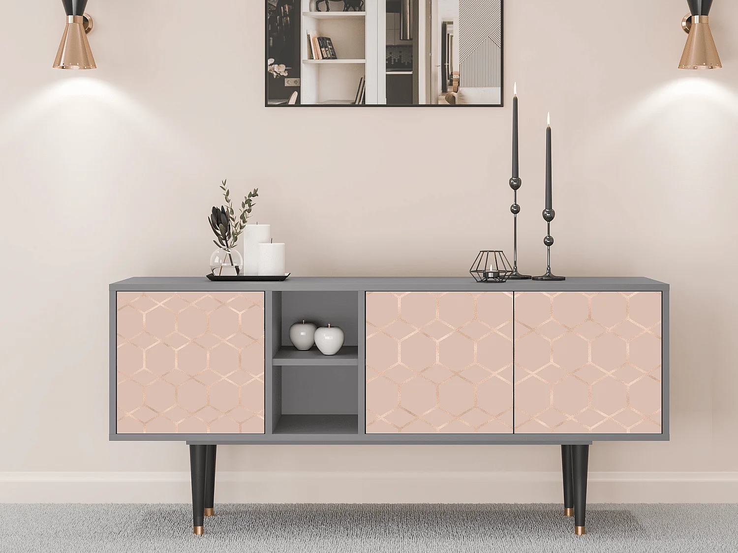 Meuble TV - 150х69х41 cm - T5 - Rose Honeycomb, Gris