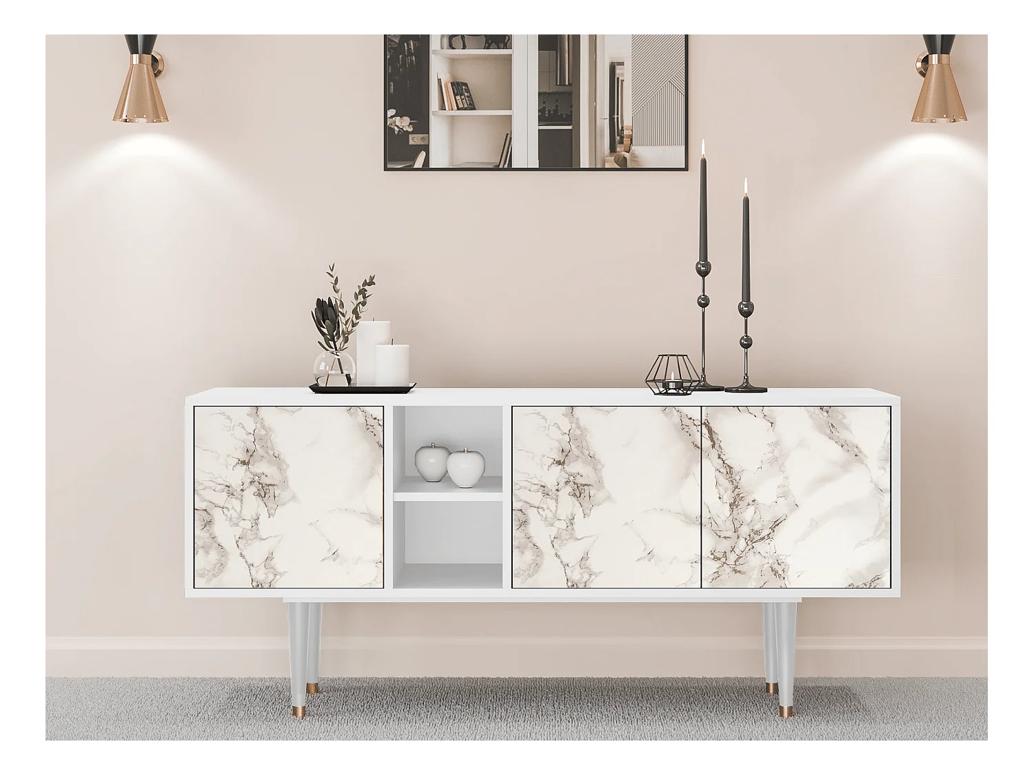 Meuble TV - 150х69х41 cm - T5 - Milk Marble, Blanc
