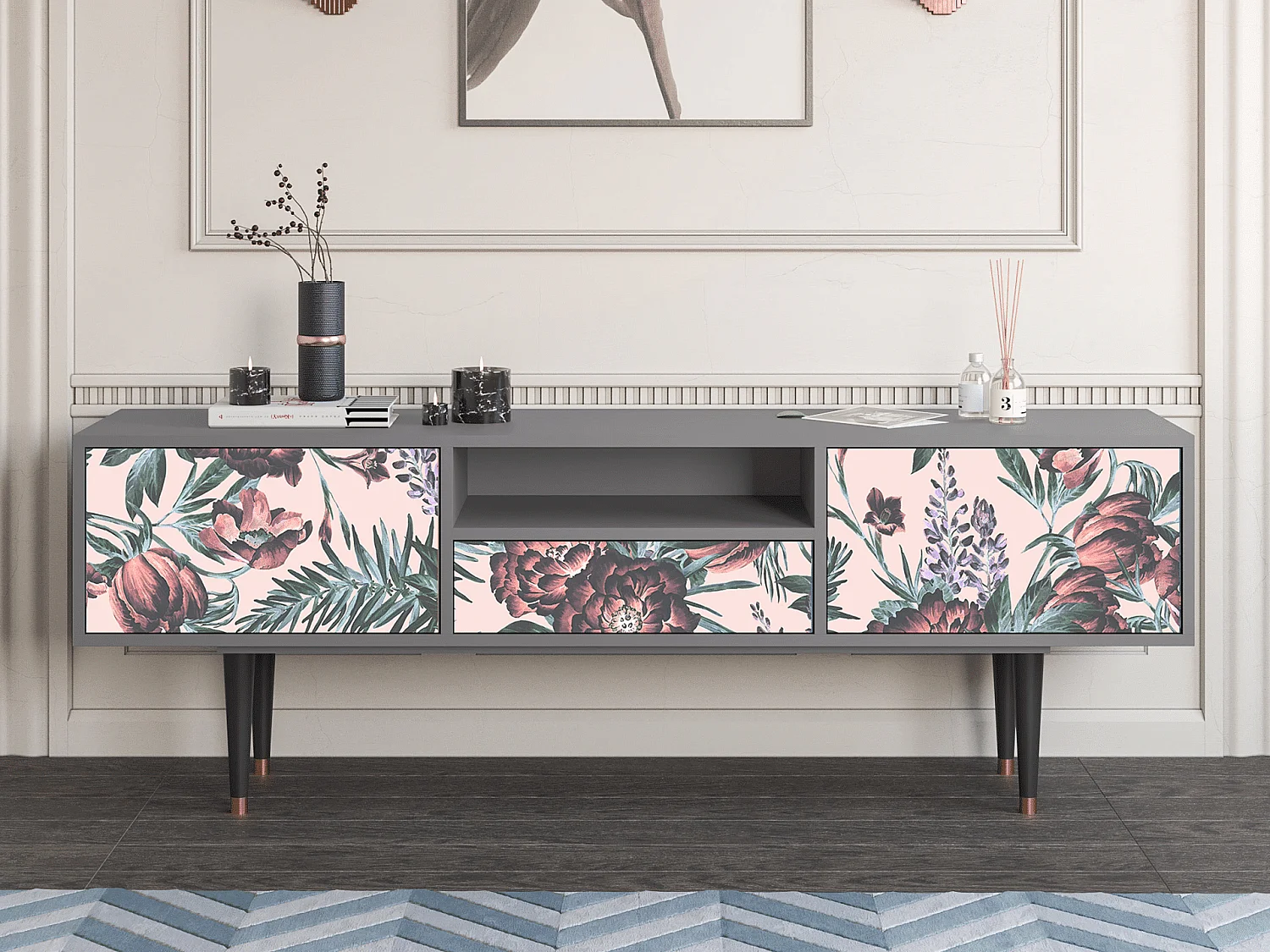 Mueble de TV - 170х59х41 cm - T6 - Peach Peonies, Gris