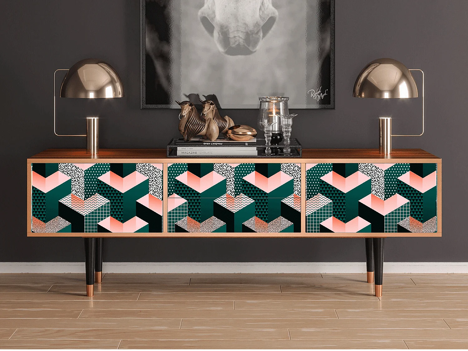 Mueble de TV - 170х59х48 cm - T4 - Geometric Madness, Nogueira