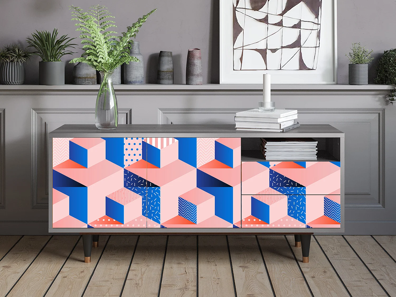 TV-Möbel - 125х56х41 cm - T7 - Pinky Squares, Grau