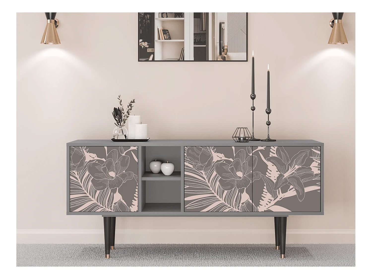 Meuble TV - 150х69х41 cm - T5 - Issabelline Flower, Gris