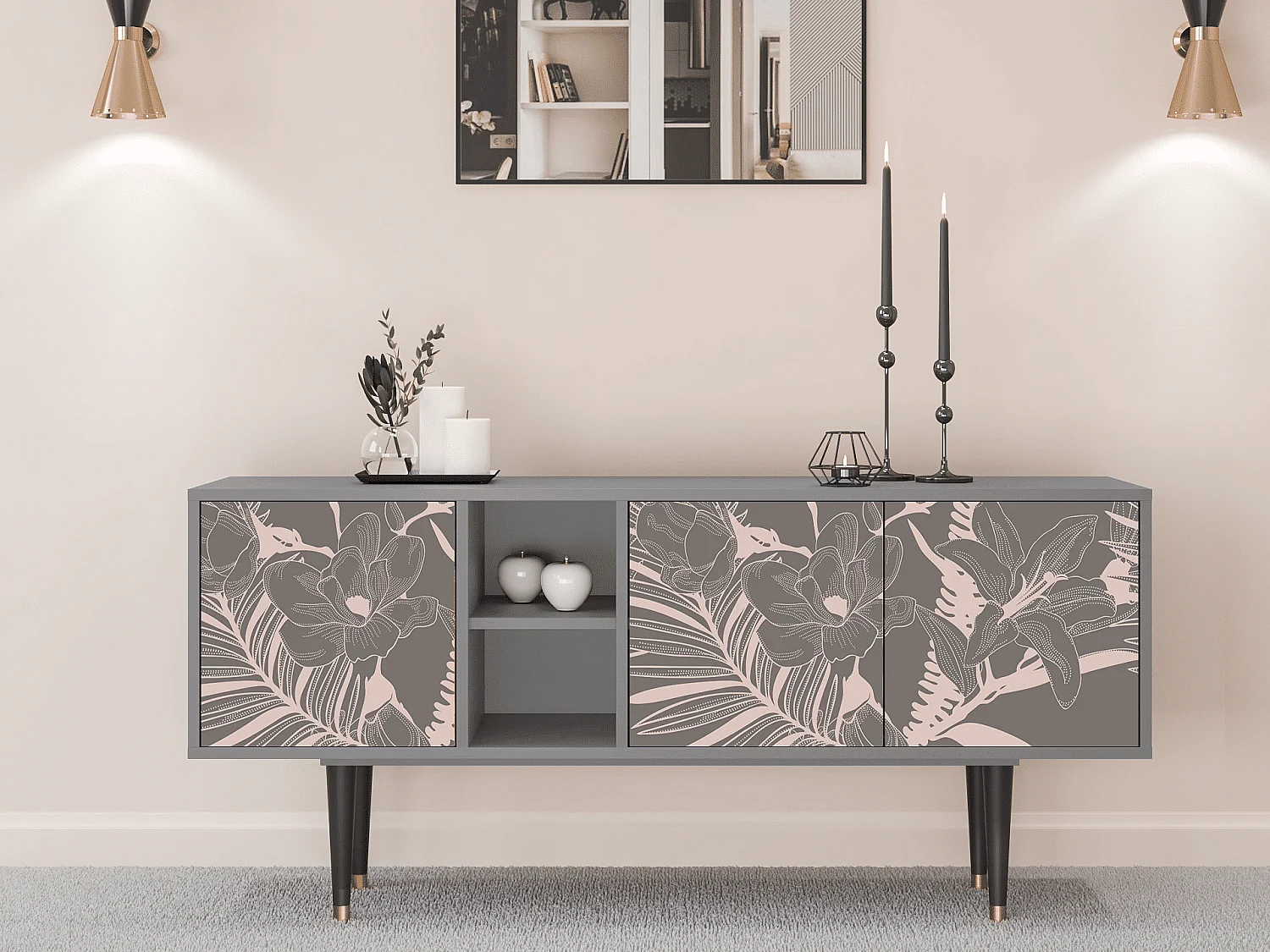 Meuble TV - 150х69х41 cm - T5 - Issabelline Flower, Gris