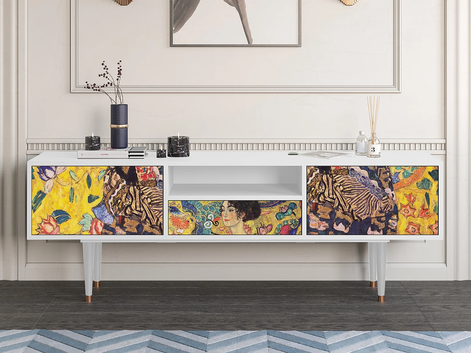 Mueble de TV - 170х59х41 cm - T6 - Lady with Fan by Klimt, Branco