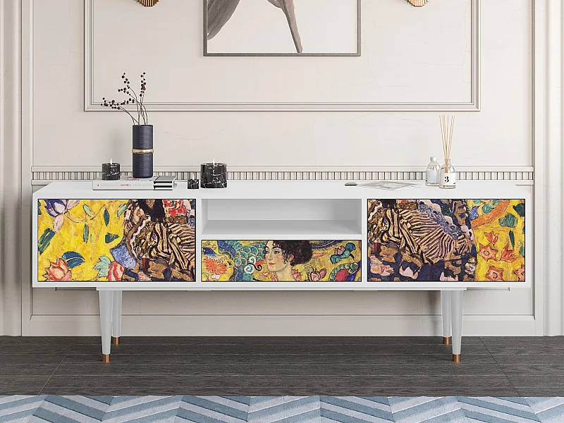 Szafka RTV - 170х59х41 cm - T6 - Lady with Fan by Klimt, Biały