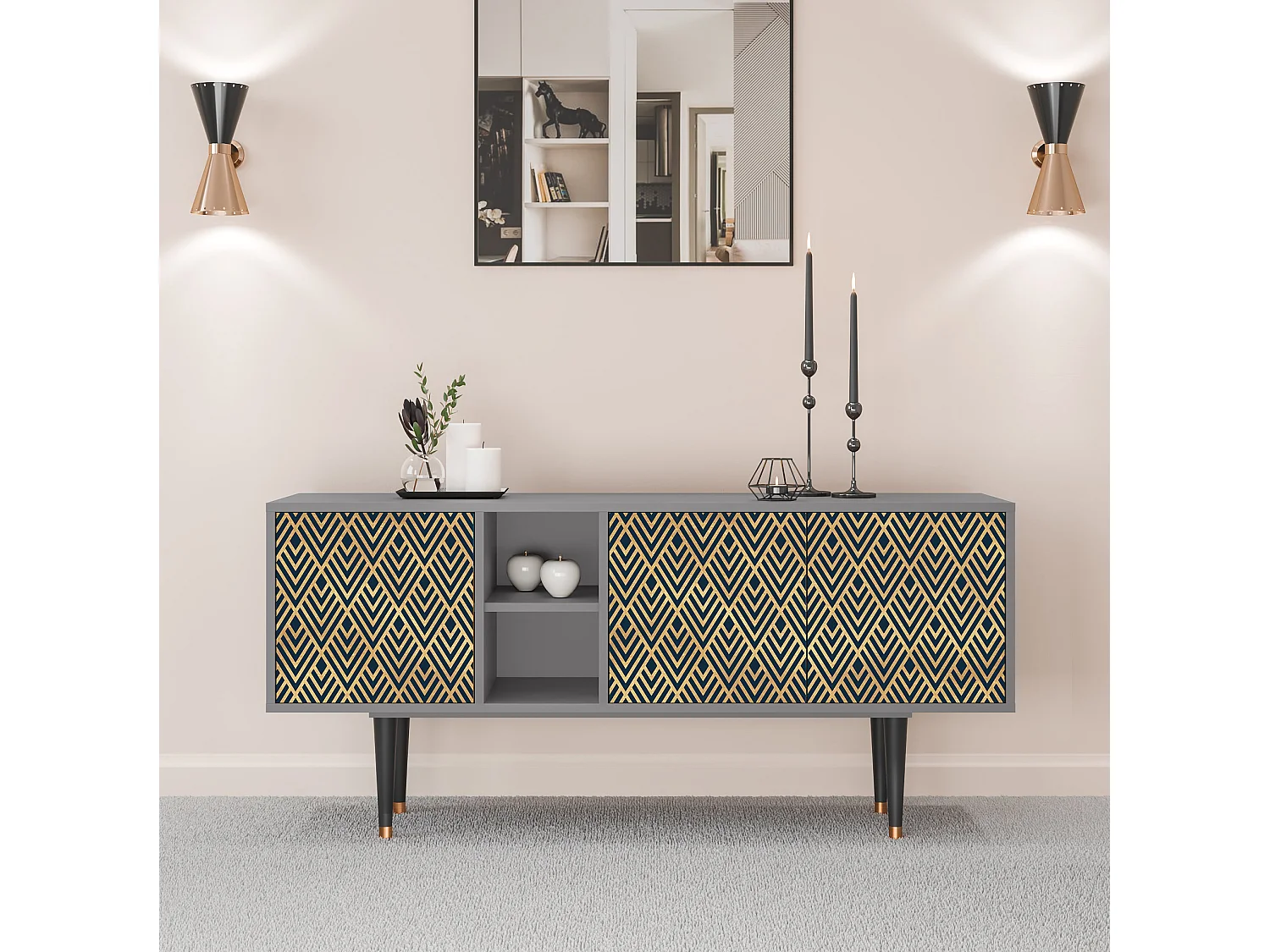 Meuble TV - 150х69х41 cm - T5 - Egypt Triangles, Gris