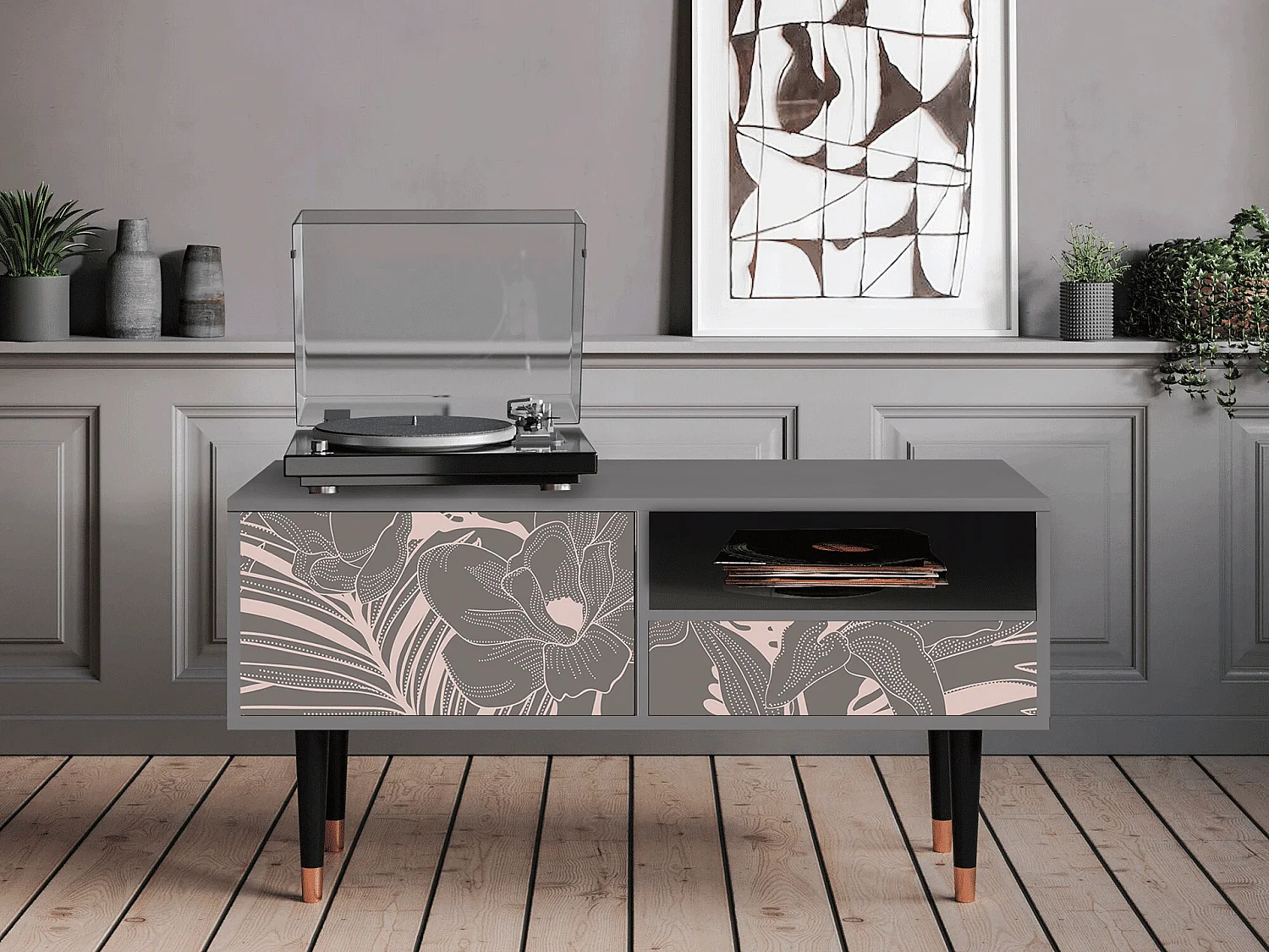 Mueble de TV - 115х59х48 cm - T3 - Issabelline Flower, Gris