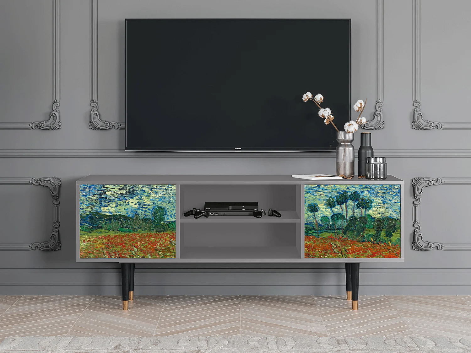Mobile TV - 170х69х48 cm - T2 - Poppy field by van Gogh, Grigio