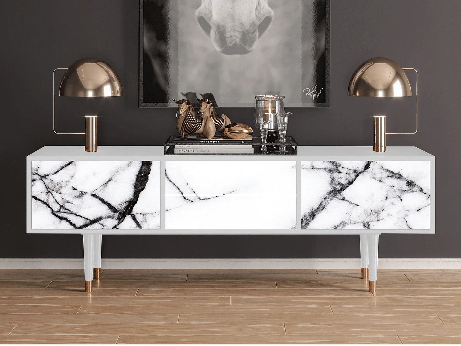 Szafka RTV - 170х59х48 cm - T4 - Raven Marble, Biały