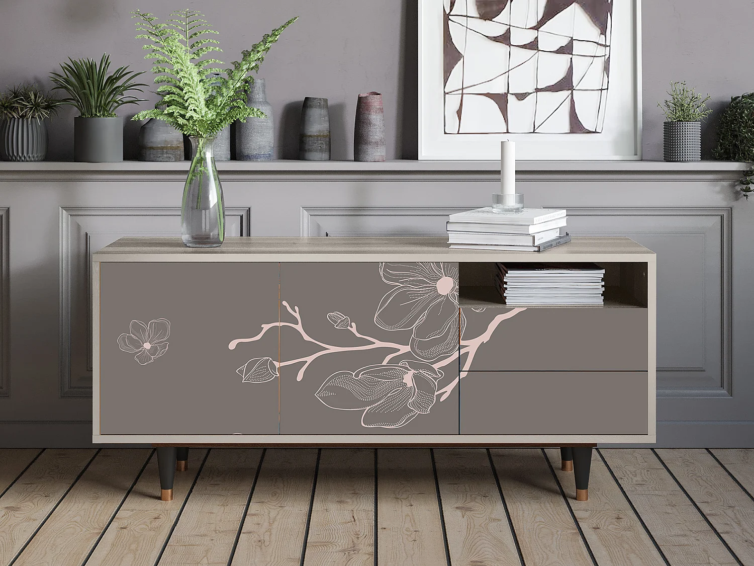 Szafka RTV - 125х56х41 cm - T7 - Cherry Blossom, Piaskowy