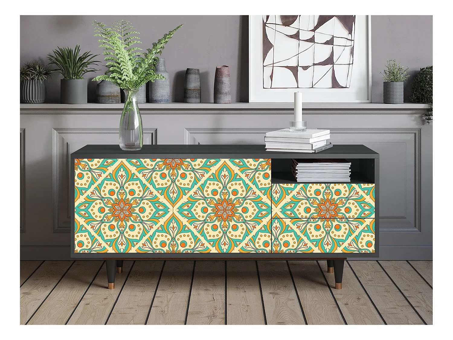 TV-Möbel - 125х56х41 cm - T7 - Hindu Daisy, Anthrazit