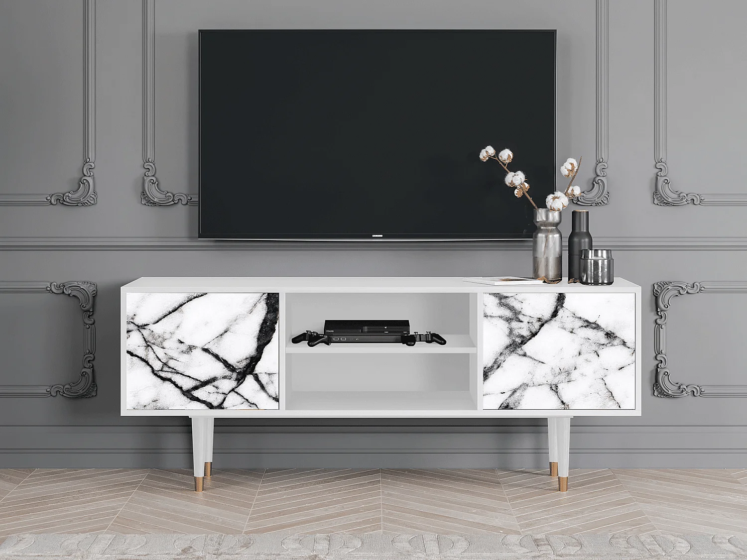 Szafka RTV - 170х69х48 cm - T2 - Raven Marble, Biały