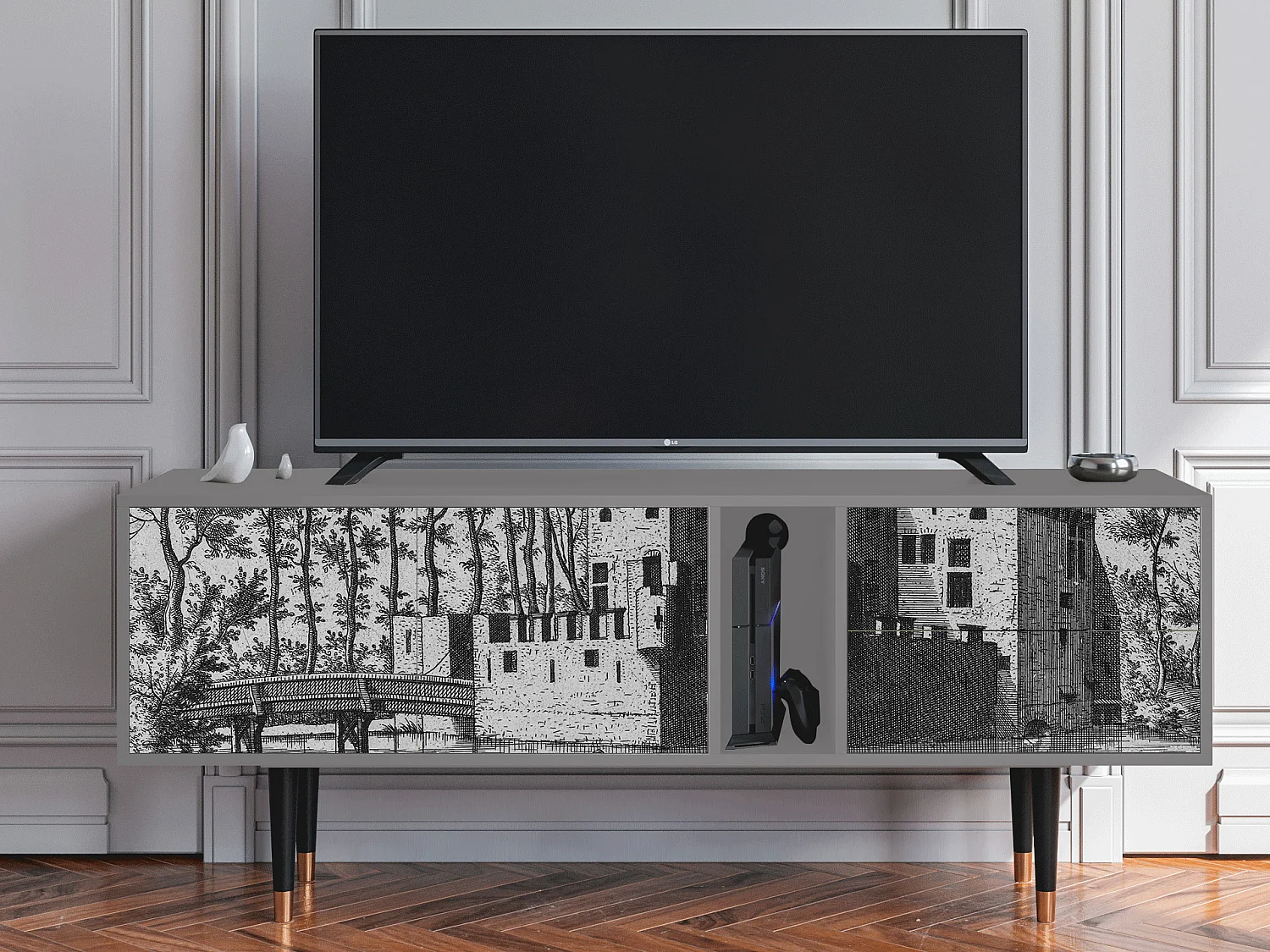 Szafka RTV - 170х69х48 cm - T1 - Castle with Bridge, Szary