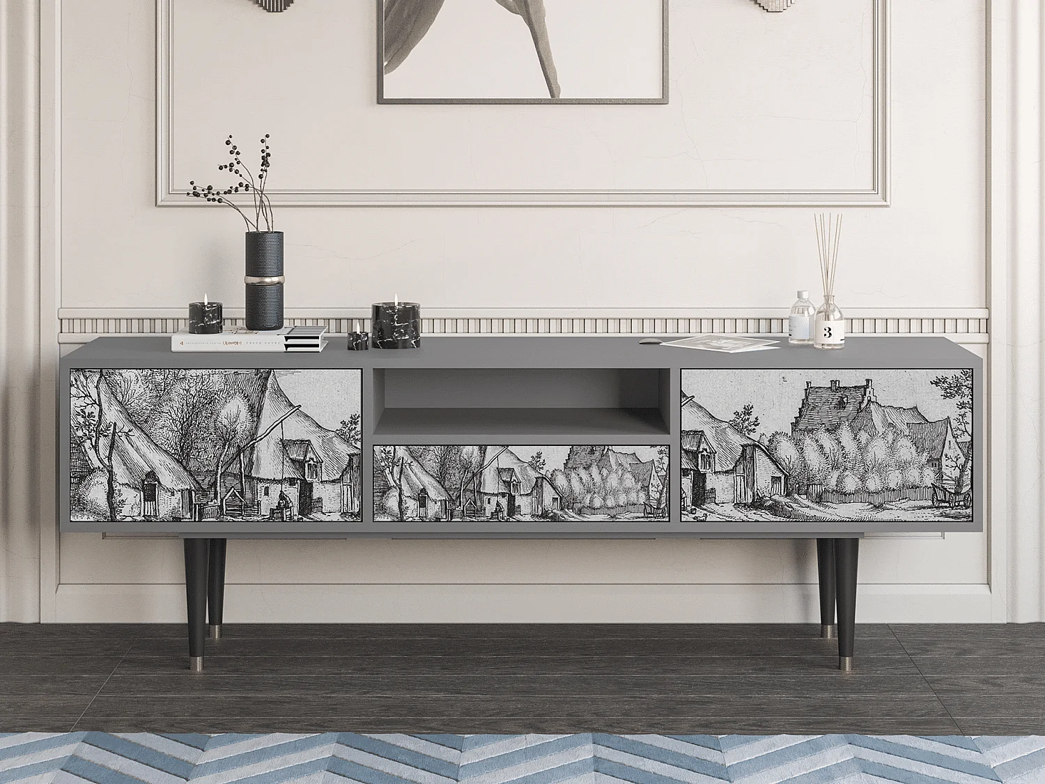 TV-meubel - 170х59х41 cm - T6 - Farms in a Village, Grijs
