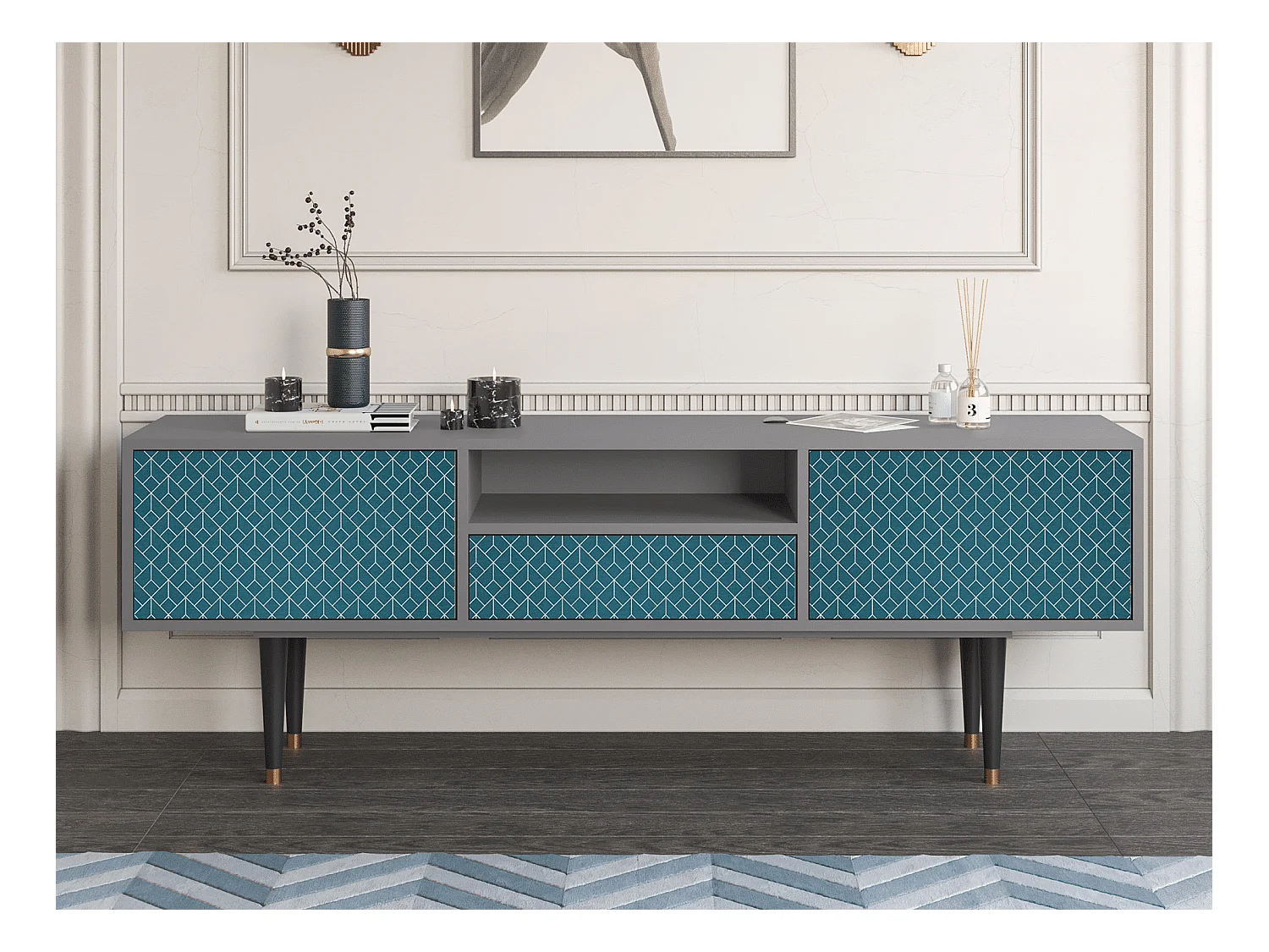 Meuble TV - 170х59х41 cm - T6 - Turquoise Geometry, Gris