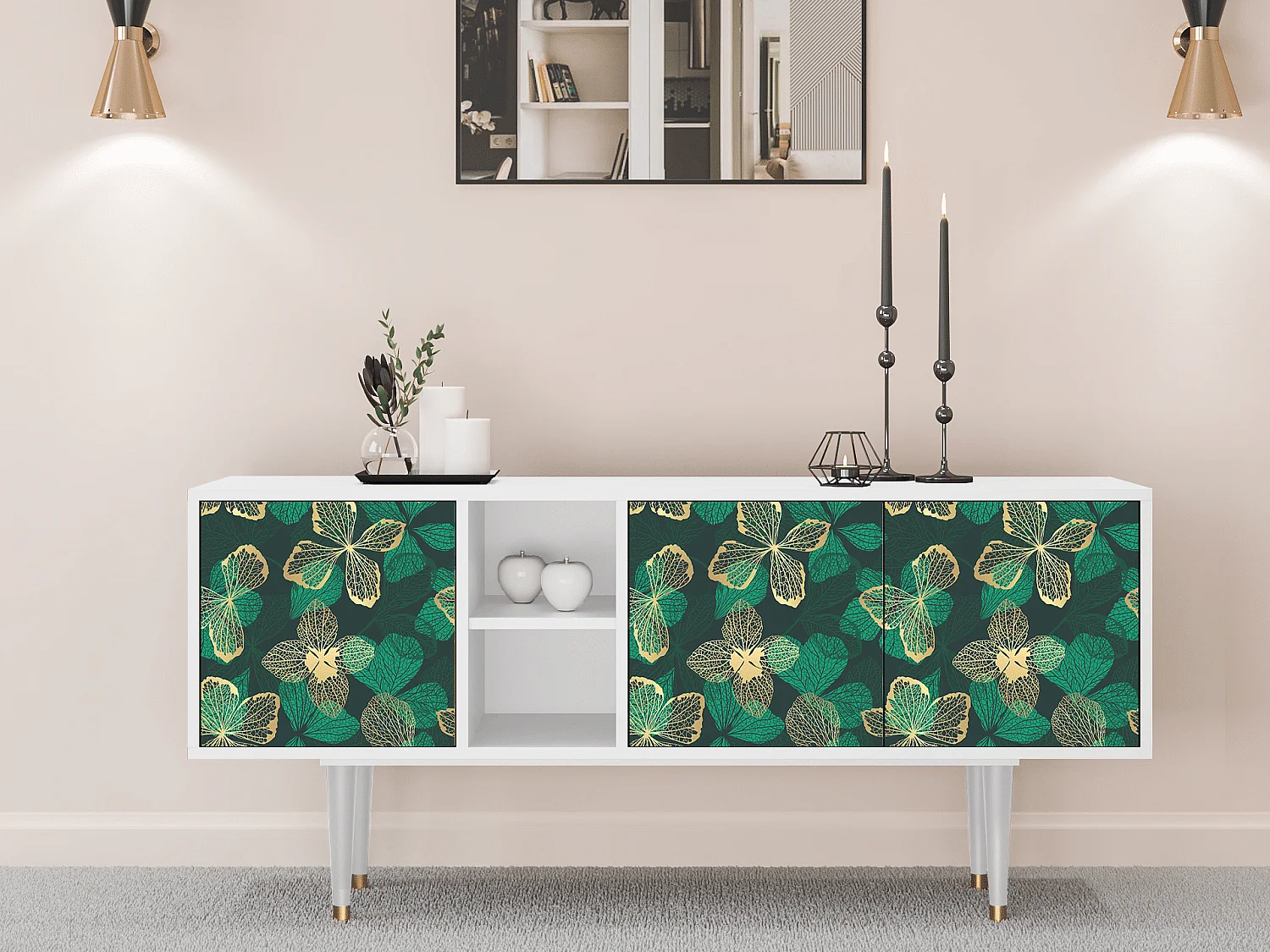 Szafka RTV - 150х69х41 cm - T5 - Green Flower, Biały