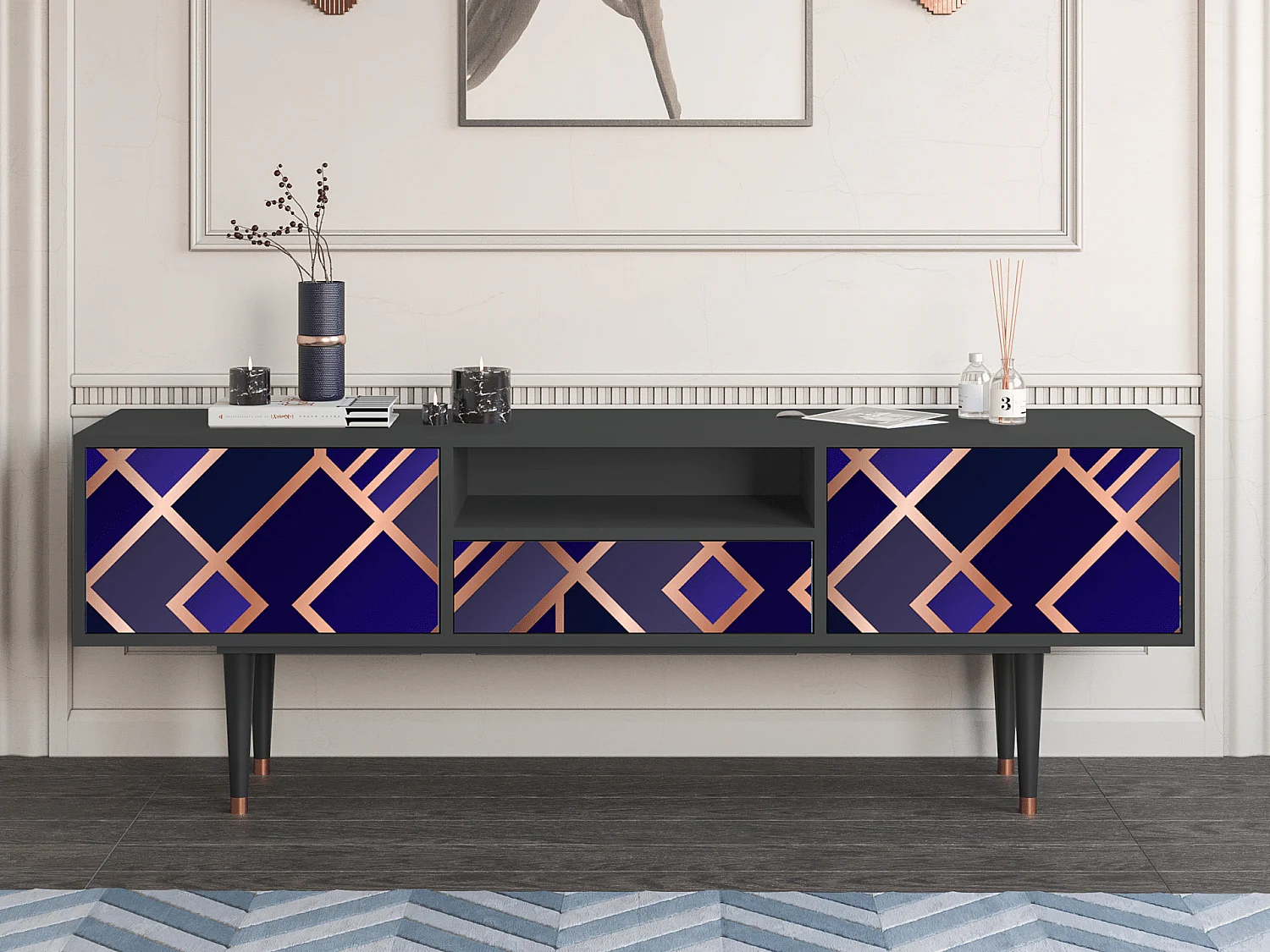 Szafka RTV - 170х59х41 cm - T6 - Aquamarine Getsby, Antracyt