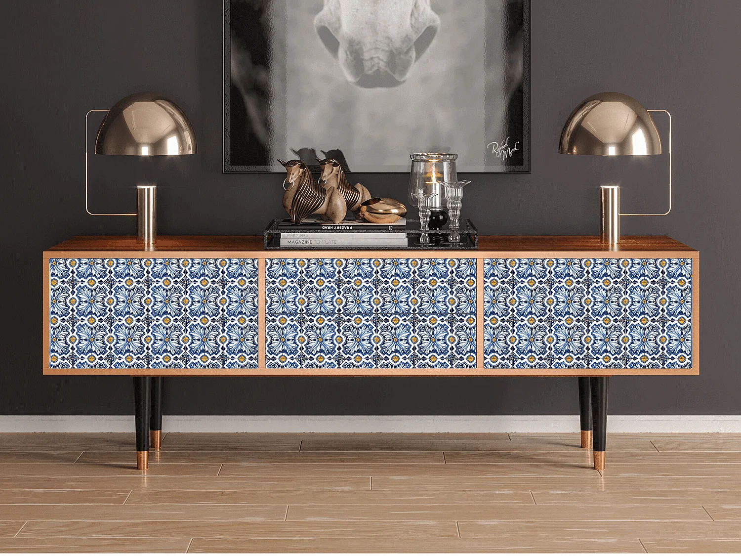 Mueble de TV - 170х59х48 cm - T4 - Lovely Cornflowers, Nogueira