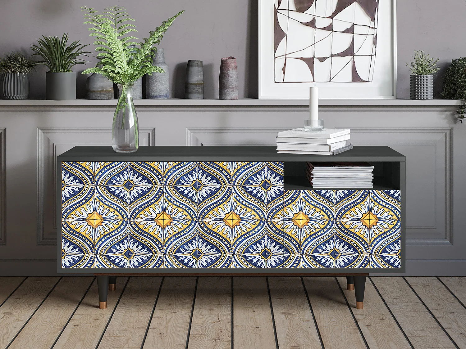 Mueble de TV - 125х56х41 cm - T7 - Illusory Pattern, Antracita