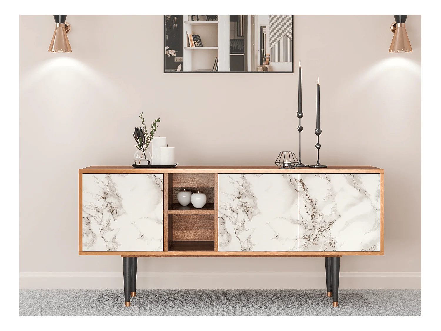Meuble TV - 150х69х41 cm - T5 - Milk Marble, Noyer