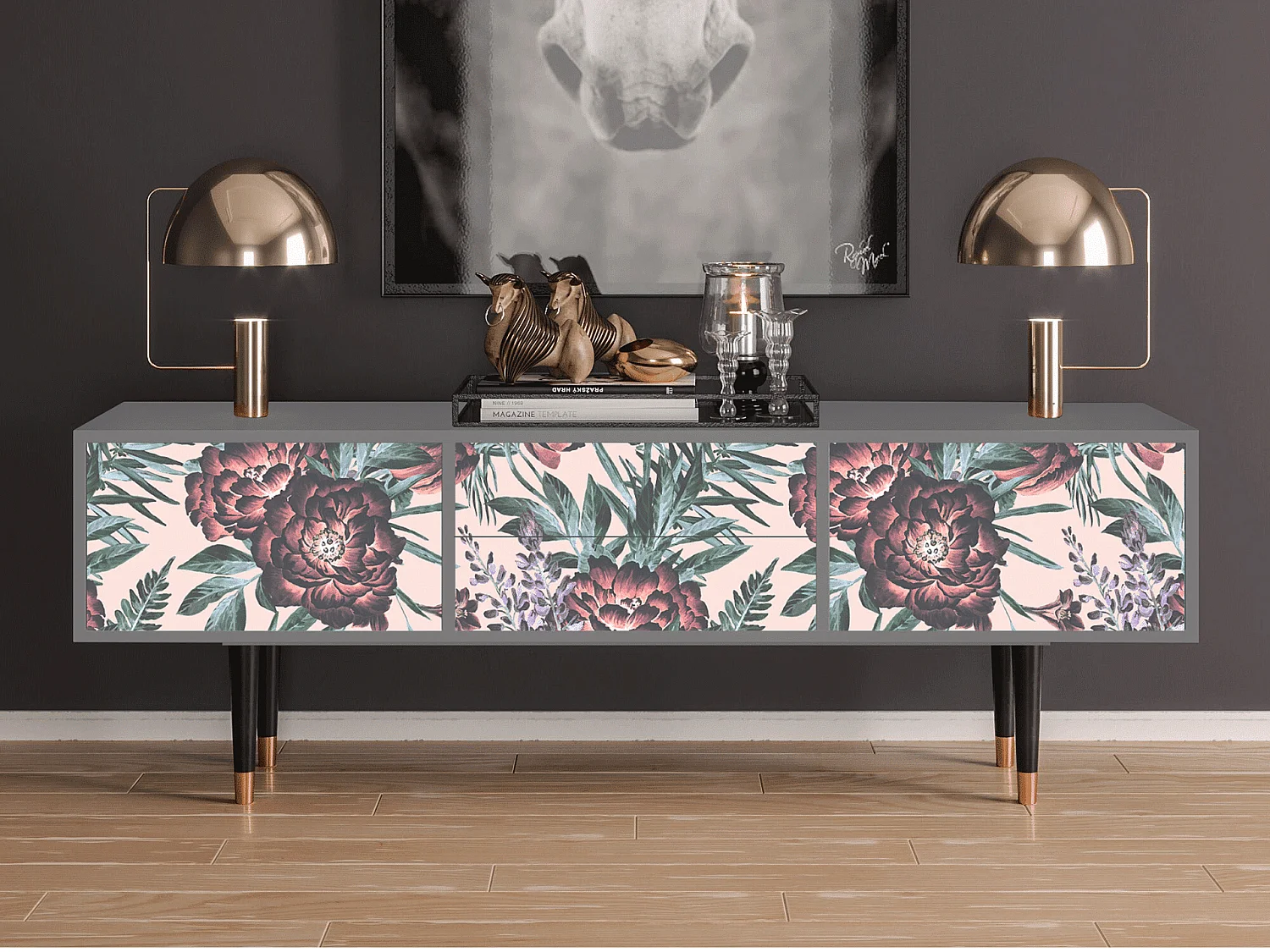 Mobile TV - 170х59х48 cm - T4 - Peach Peonies, Grigio