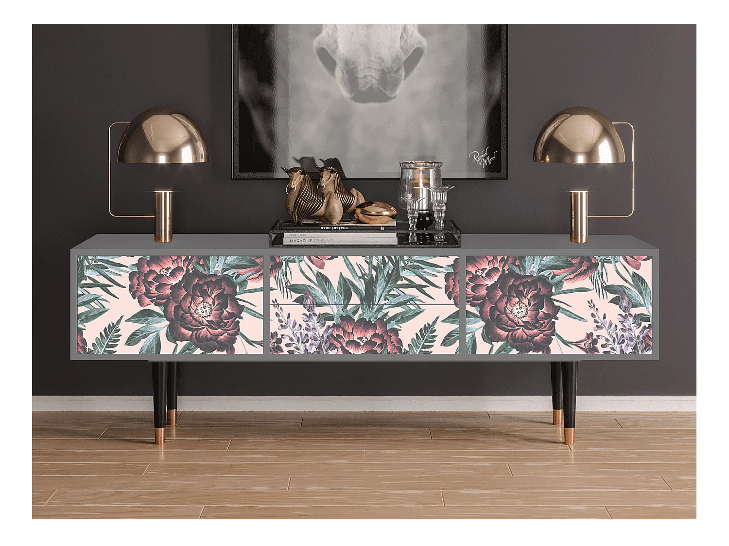 Meuble TV - 170х59х48 cm - T4 - Peach Peonies, Gris