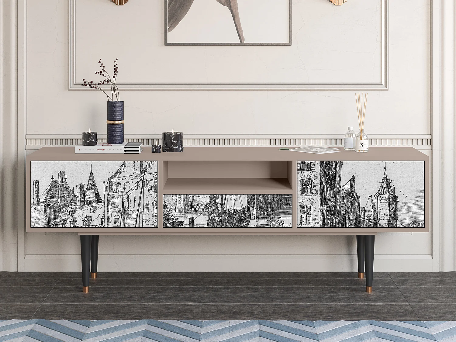 Szafka RTV - 170х59х41 cm - T6 - Castle with Bridge, Latte