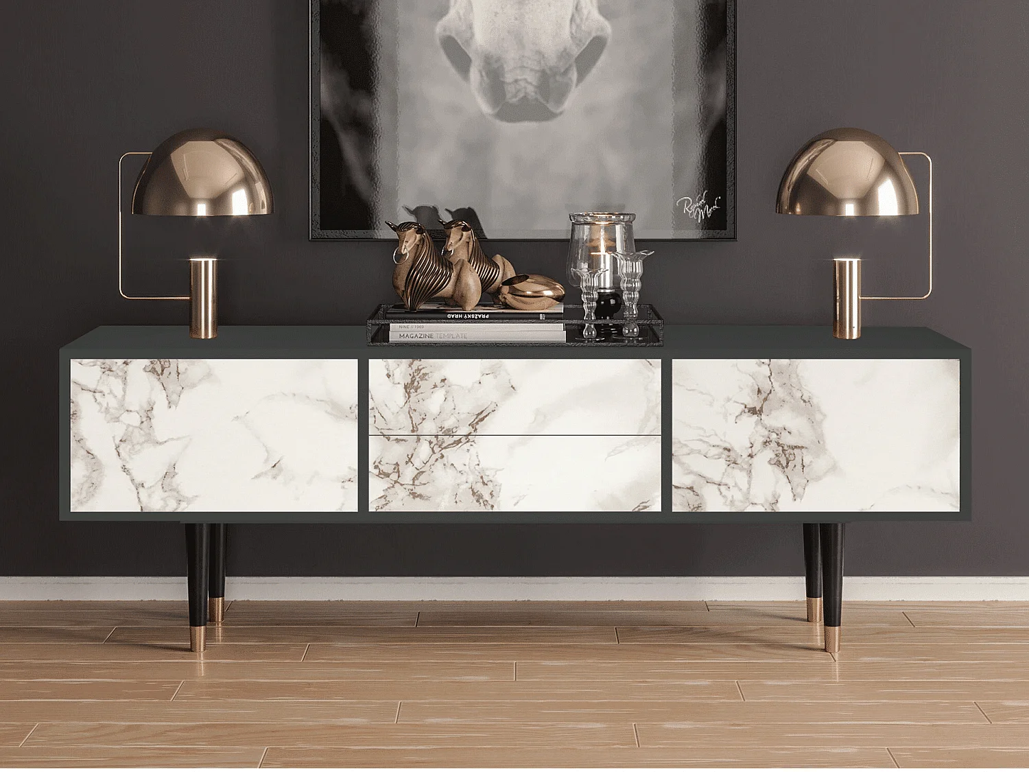 Meuble TV - 170х59х48 cm - T4 - Milk Marble, Anthracite