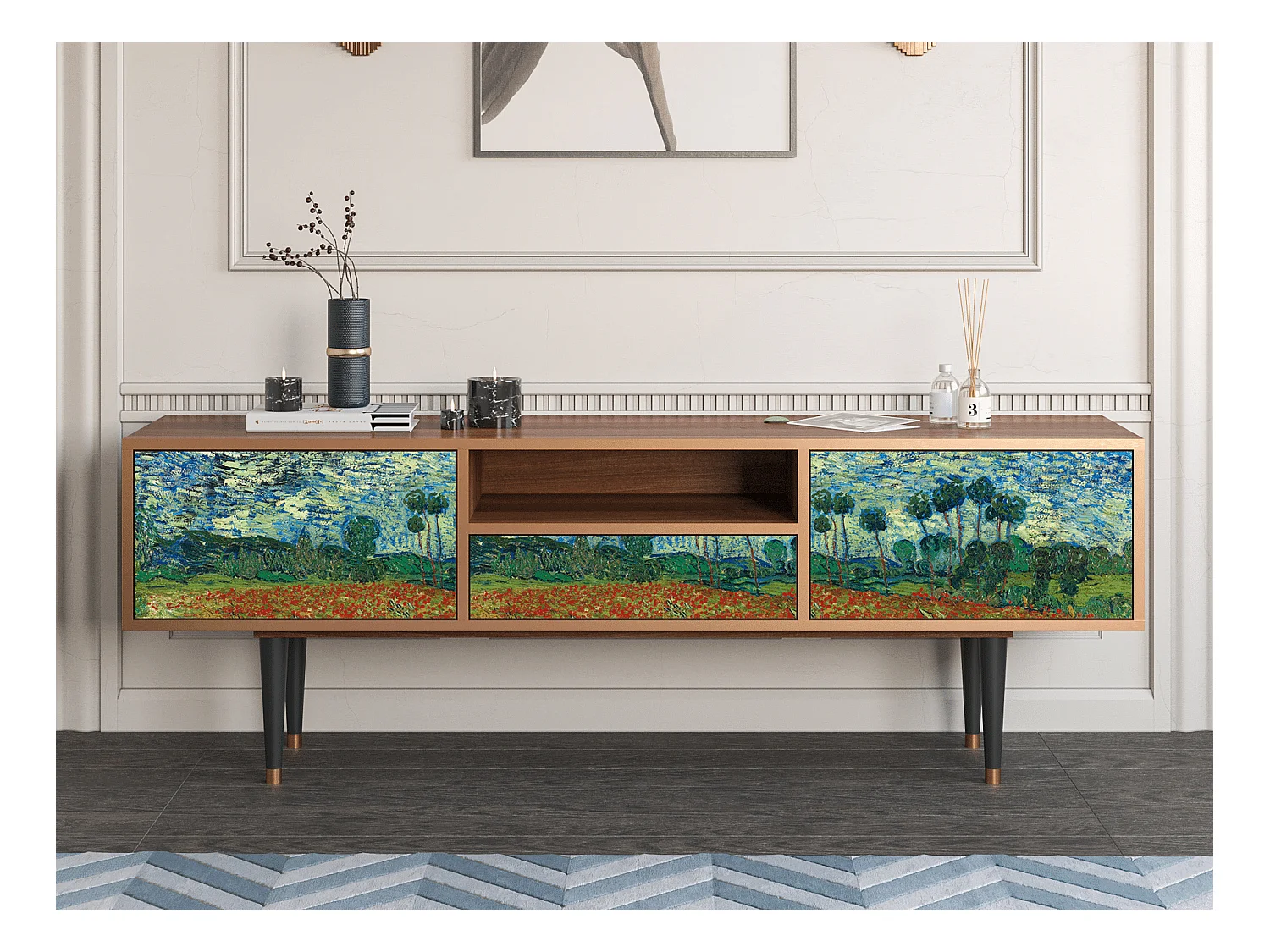 TV-Möbel - 170х59х41 cm - T6 - Poppy field by van Gogh, Walnuss