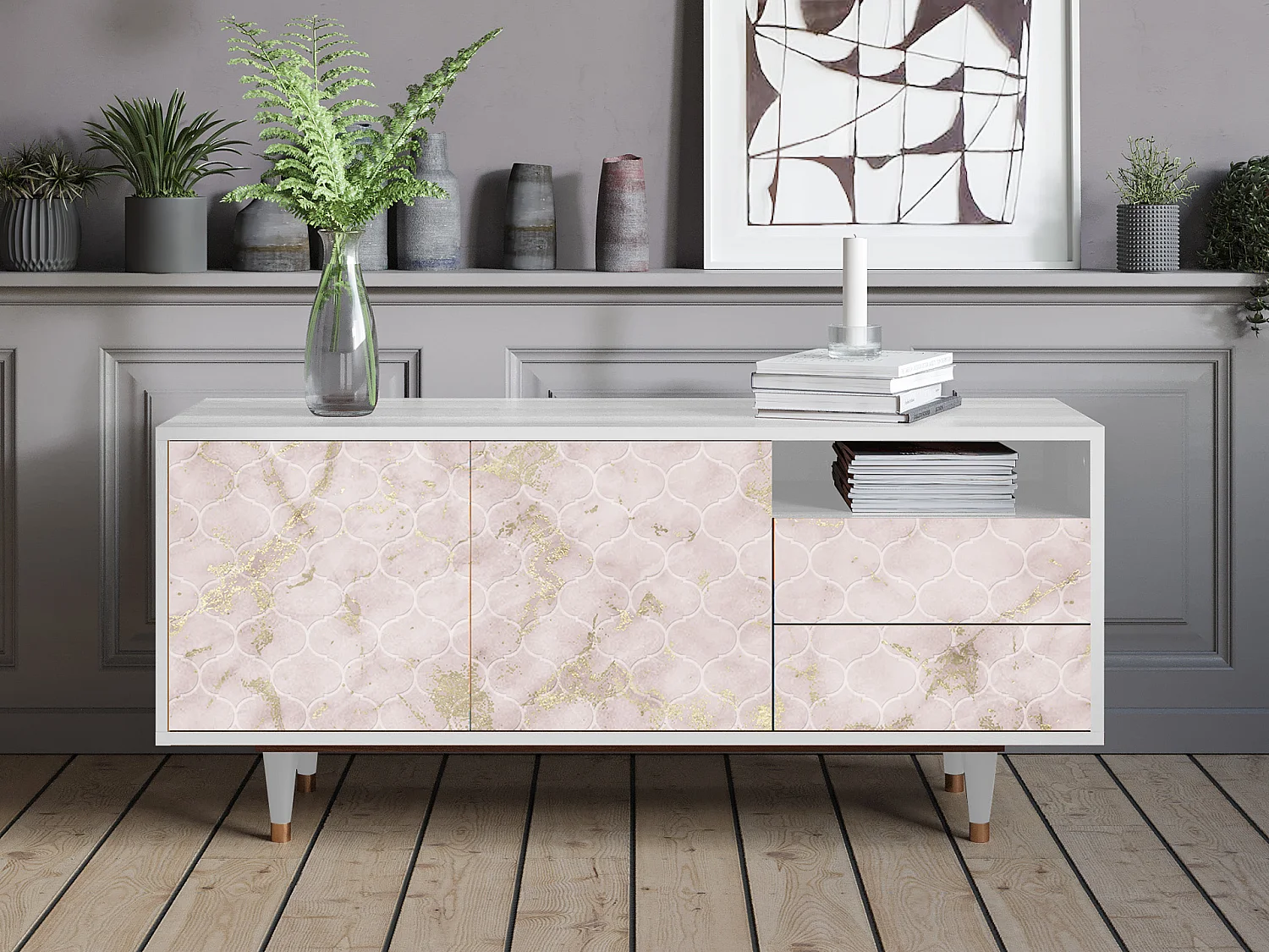 Meuble TV - 125х56х41 cm - T7 - Dirty Roses, Blanc