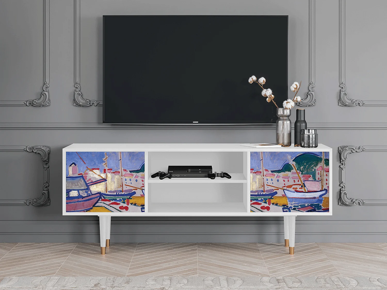 Szafka RTV - 170х69х48 cm - T2 - The Port of Collioure , Biały