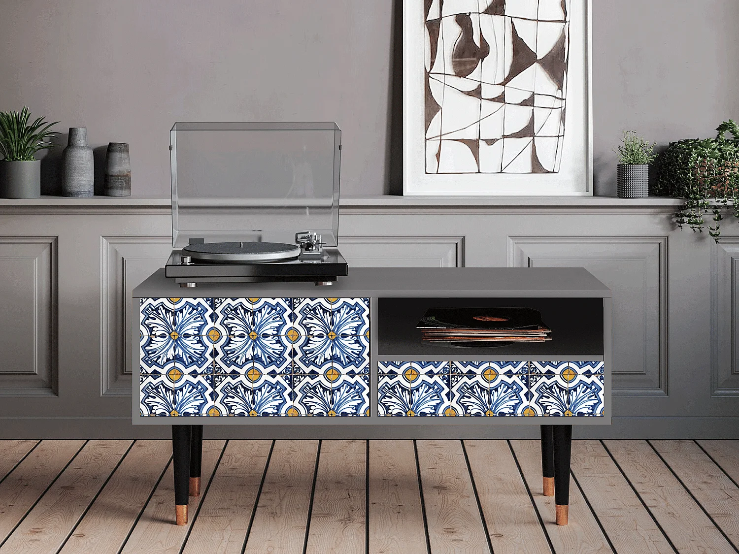 Meuble TV - 115х59х48 cm - T3 - Lovely Cornflowers, Gris