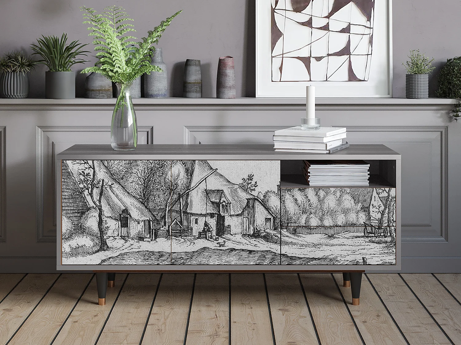 Szafka RTV - 125х56х41 cm - T7 - Farms in a Village, Szary