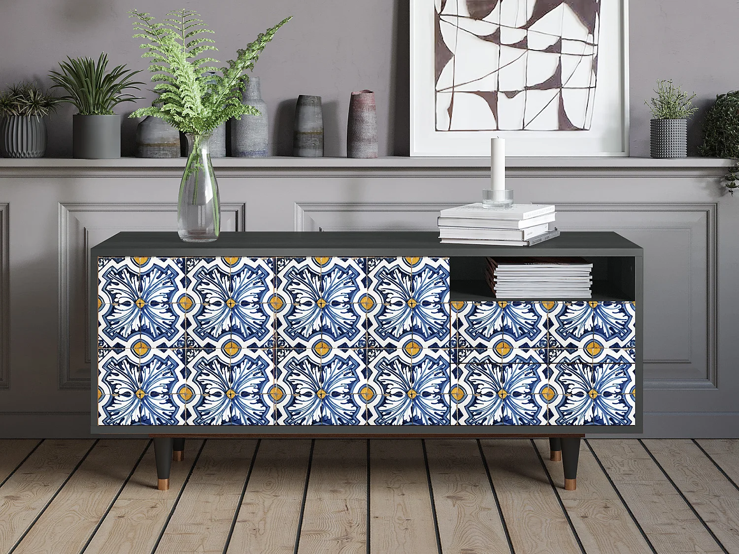 Mueble de TV - 125х56х41 cm - T7 - Lovely Cornflowers, Antracita