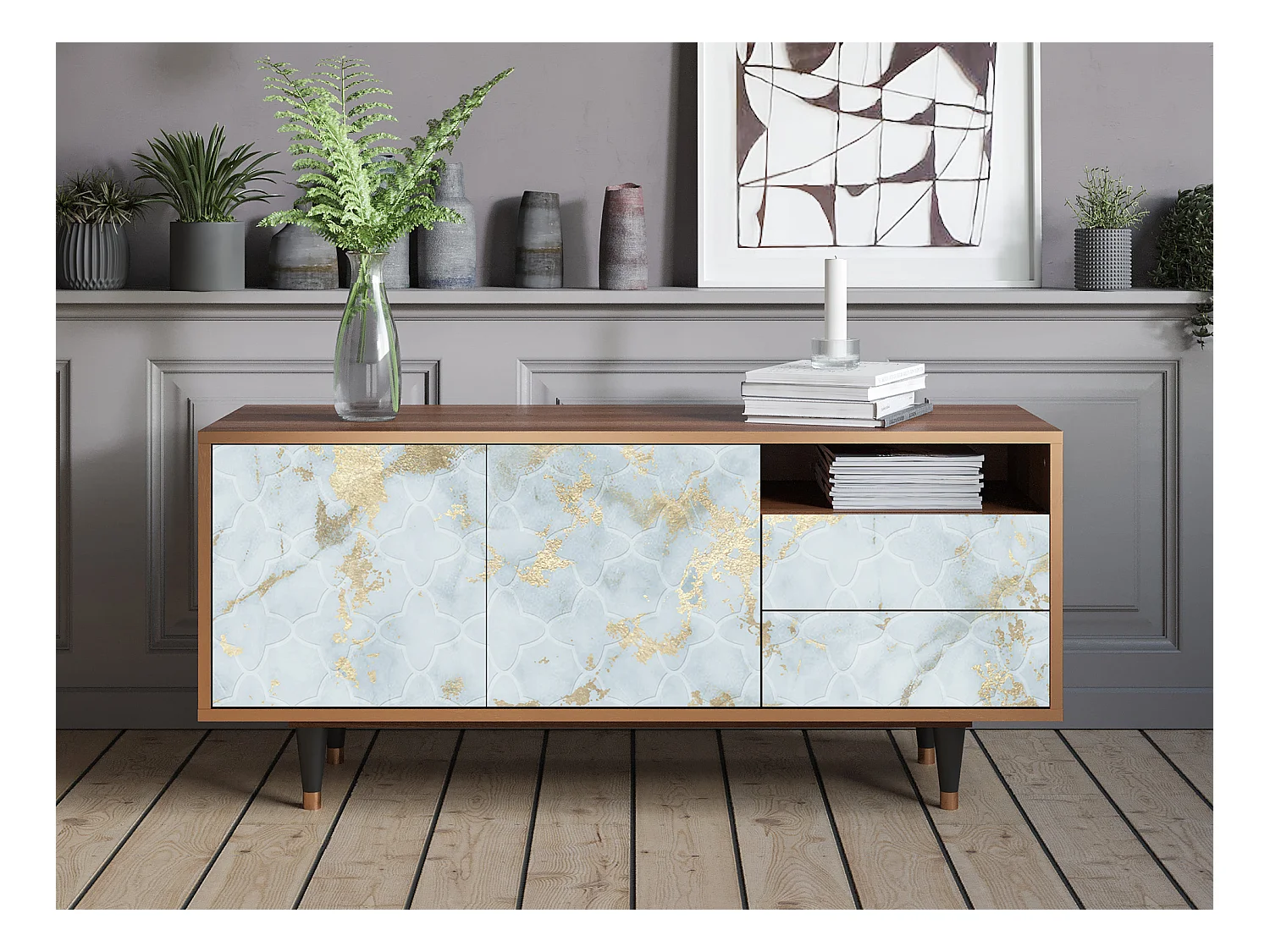Meuble TV - 125х56х41 cm - T7 - Golden Waves, Noyer