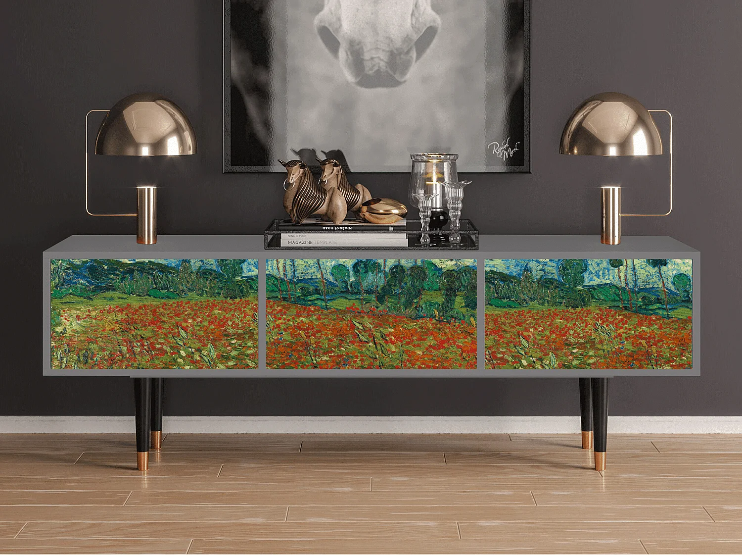 Szafka RTV - 170х59х48 cm - T4 - Poppy field by van Gogh, Szary