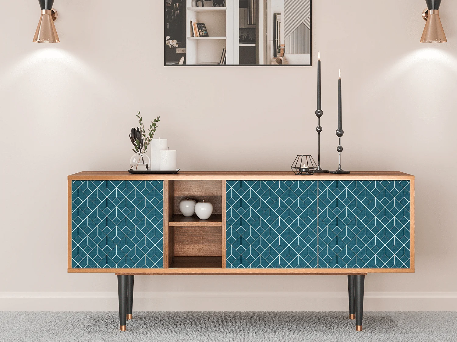 Meuble TV - 150х69х41 cm - T5 - Turquoise Geometry, Noyer