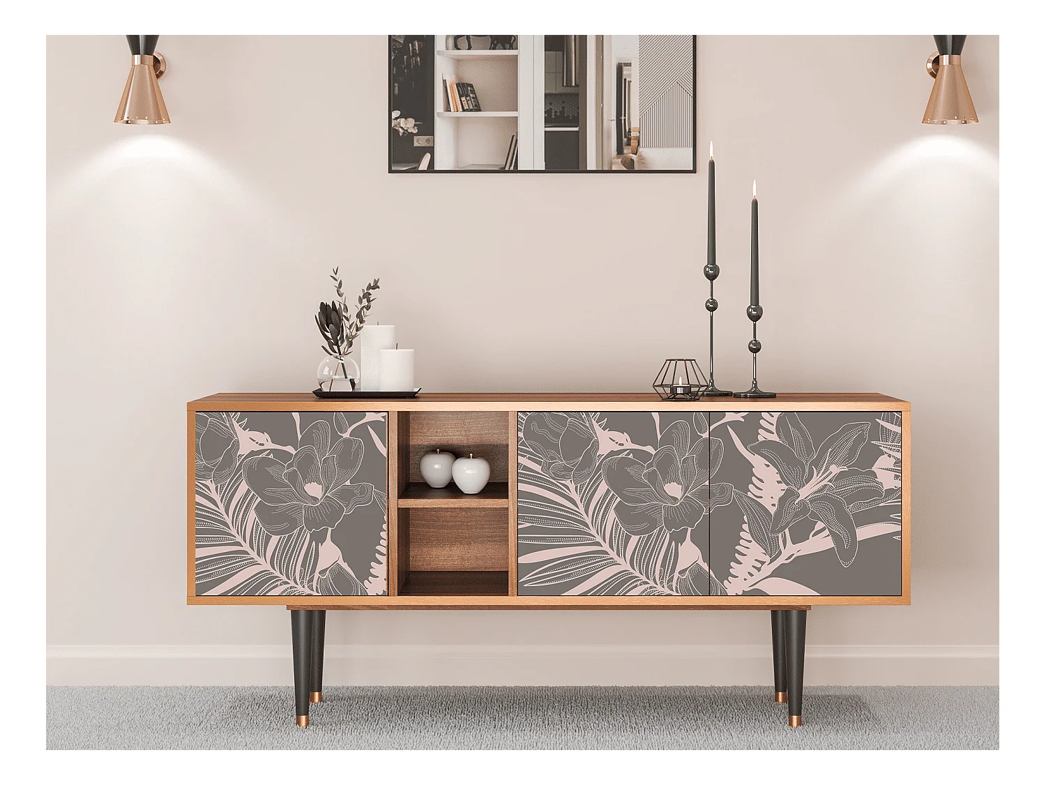 Meuble TV - 150х69х41 cm - T5 - Issabelline Flower, Noyer